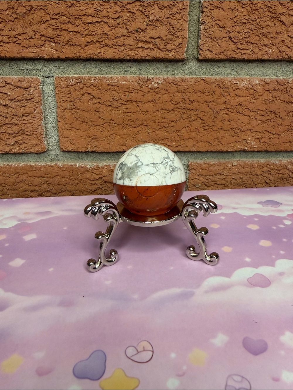 Pokémon Ball Crystal- Howlite and Red Jasper Sphere with stainless steel stand